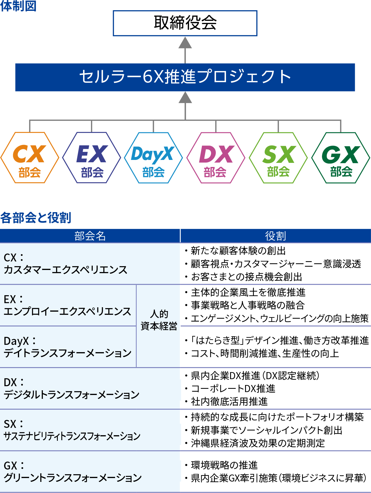 取締役会、セルラー6X推進プロジェクト、CX・EX・DayX・DX・SX・GX各部会の体制図と役割
